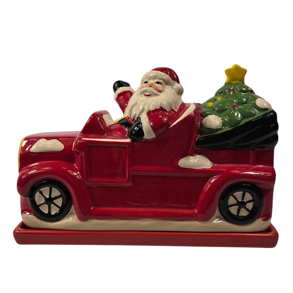 Global Design Connections Ceramic Christmas Santa Red Truck Butter Dish 2pc